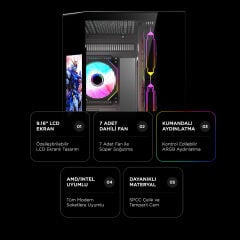 RAMPAGE NOVA 9.16 Lcd Ekranlı Hub+Kumanda Siyah 7x12cm ARGB Pwm Fan Kasa