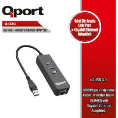 QPORT Q-U3G 3xUSB 3.0 ÇOKLAYICI + GIGABIT ETHERNET ADAPTOR