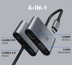 INCA ITPC-06T TYPE-C HUB X4 HDMI+ VGA+ USB3+PD100W ALUMINYUM