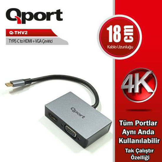 QPORT Q-THV2 TYPE-C To HDMI+VGA Çevirici resmi